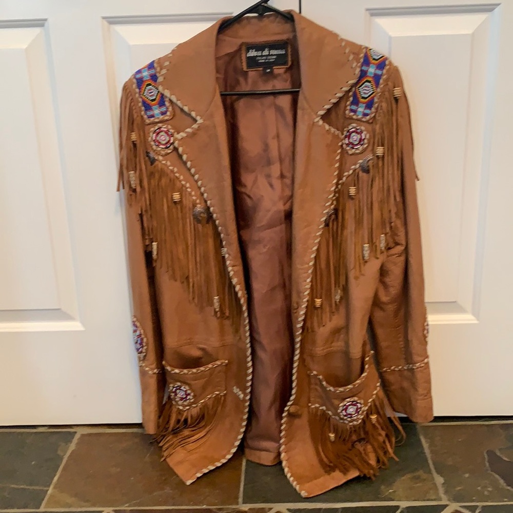 Light brown western inspired leather and beaded jacket